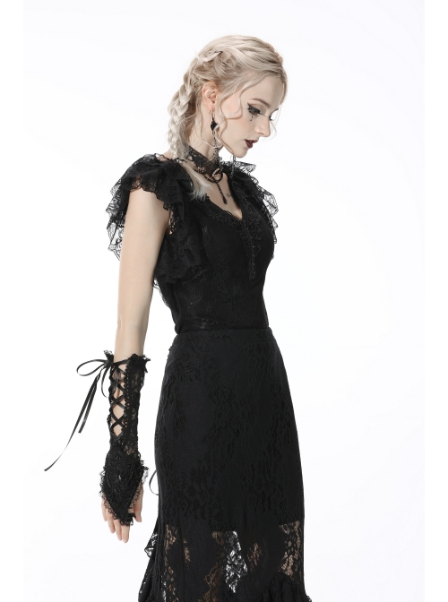 Black Gothic Pattern Elegant Slim Irregular Sexy Lace Ruffle Rayon Short Sleeves Top