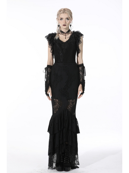 Black Gothic Pattern Elegant Slim Irregular Sexy Lace Ruffle Rayon Short Sleeves Top