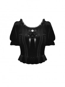 Gothic Black Lolita Bowknot Lace Puff Sleeve Slim Round Neck Short Sleeves Velvet Polyester Top