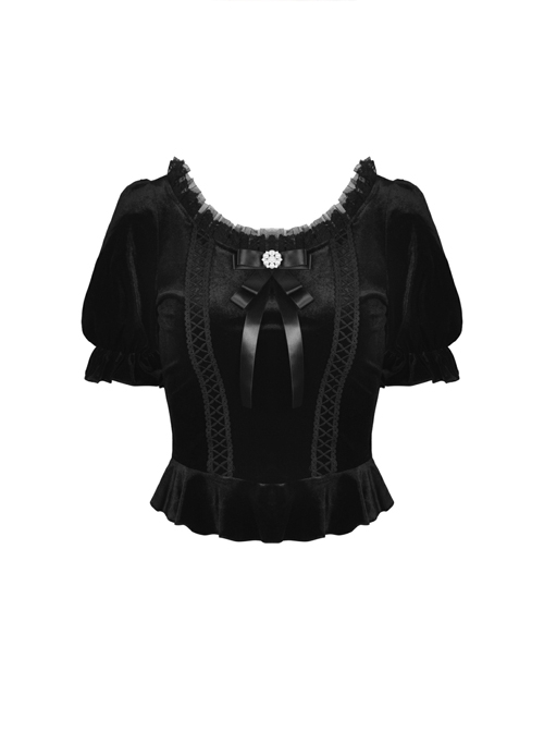 Gothic Black Lolita Bowknot Lace Puff Sleeve Slim Round Neck Short Sleeves Velvet Polyester Top