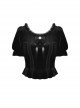 Gothic Black Lolita Bowknot Lace Puff Sleeve Slim Round Neck Short Sleeves Velvet Polyester Top