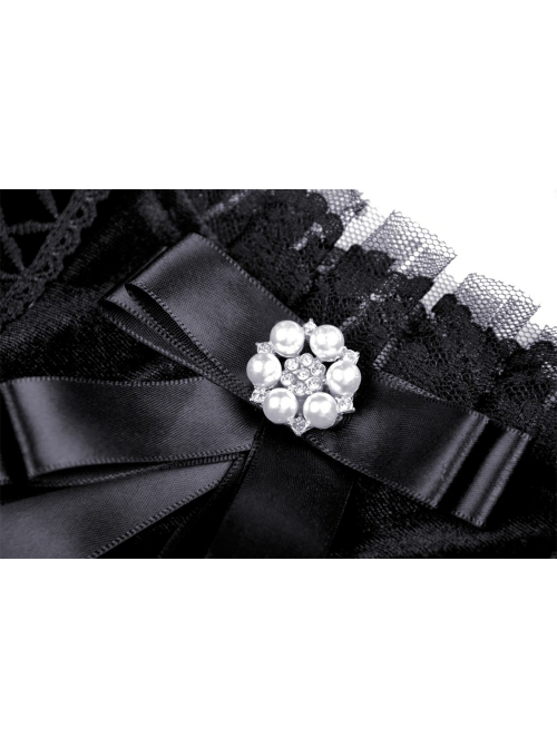 Gothic Black Lolita Bowknot Lace Puff Sleeve Slim Round Neck Short Sleeves Velvet Polyester Top
