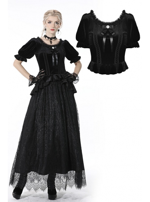 Gothic Black Lolita Bowknot Lace Puff Sleeve Slim Round Neck Short Sleeves Velvet Polyester Top