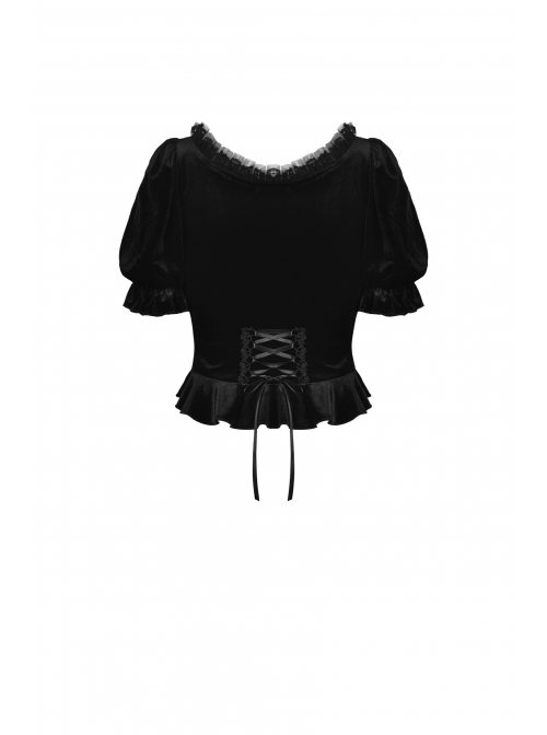 Gothic Black Lolita Bowknot Lace Puff Sleeve Slim Round Neck Short Sleeves Velvet Polyester Top