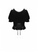 Gothic Black Lolita Bowknot Lace Puff Sleeve Slim Round Neck Short Sleeves Velvet Polyester Top