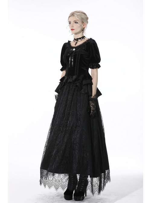 Gothic Black Lolita Bowknot Lace Puff Sleeve Slim Round Neck Short Sleeves Velvet Polyester Top