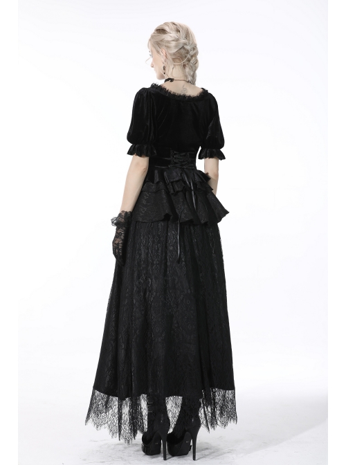 Gothic Black Lolita Bowknot Lace Puff Sleeve Slim Round Neck Short Sleeves Velvet Polyester Top