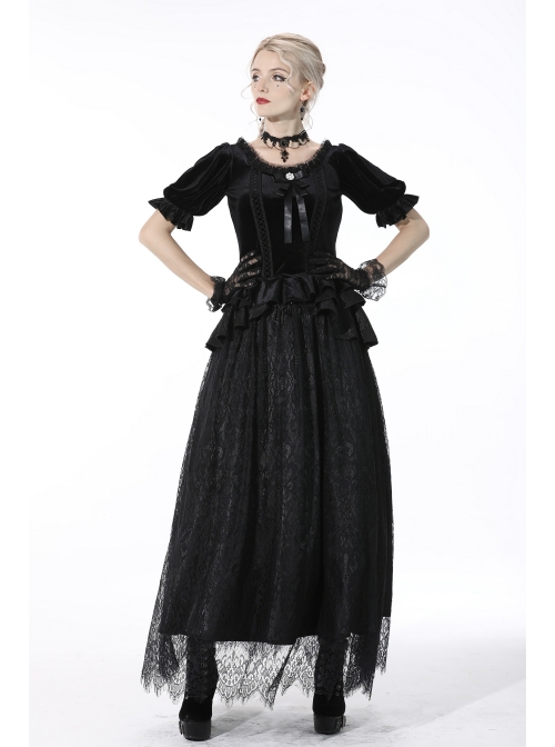 Gothic Black Lolita Bowknot Lace Puff Sleeve Slim Round Neck Short Sleeves Velvet Polyester Top