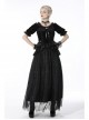 Gothic Black Lolita Bowknot Lace Puff Sleeve Slim Round Neck Short Sleeves Velvet Polyester Top