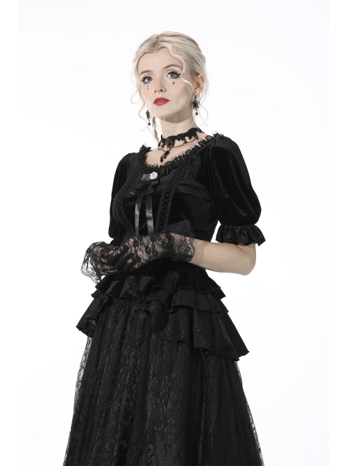 Gothic Black Lolita Bowknot Lace Puff Sleeve Slim Round Neck Short Sleeves Velvet Polyester Top