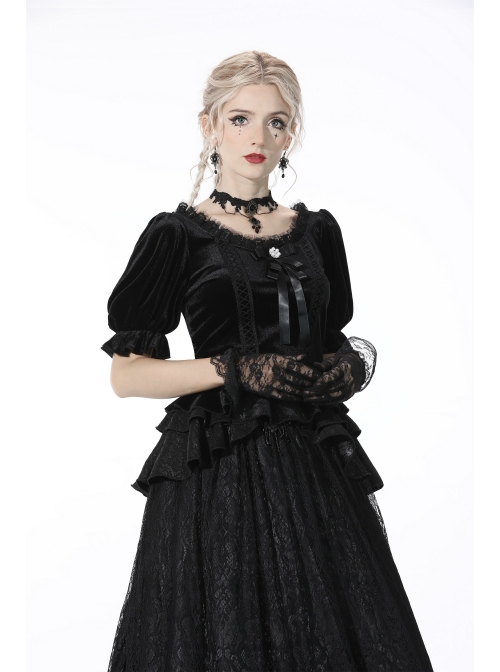 Gothic Black Lolita Bowknot Lace Puff Sleeve Slim Round Neck Short Sleeves Velvet Polyester Top