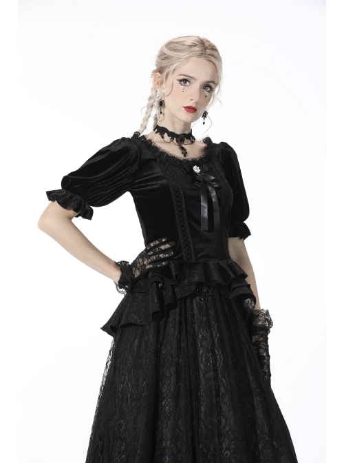 Gothic Black Lolita Bowknot Lace Puff Sleeve Slim Round Neck Short Sleeves Velvet Polyester Top