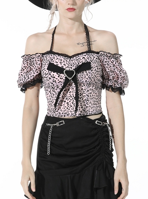 Women Lolita Gothic Short Puff Sleeve Strapless Sling Black Leopard Print Sexy Heart Knot Polyester Top