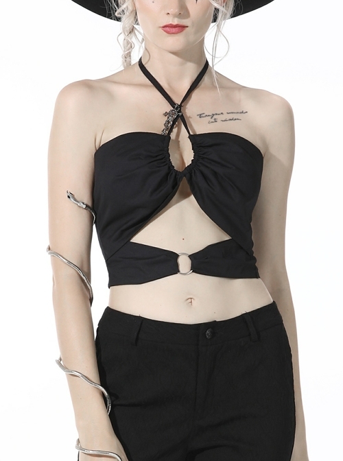 Punk Black Hollow Pendant Navel Exposed Street Sexy Midriff-Baring Halter Cotton Top
