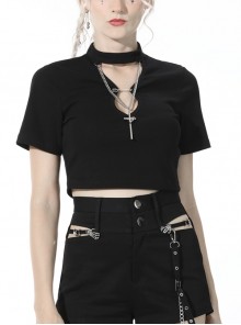 Punk Cross Paperclip Baring Sexy Slim Black Hollow Out Chain Cotton Chest Top