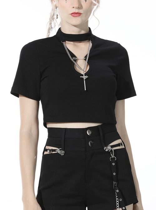 Punk Cross Paperclip Baring Sexy Slim Black Hollow Out Chain Cotton Chest Top