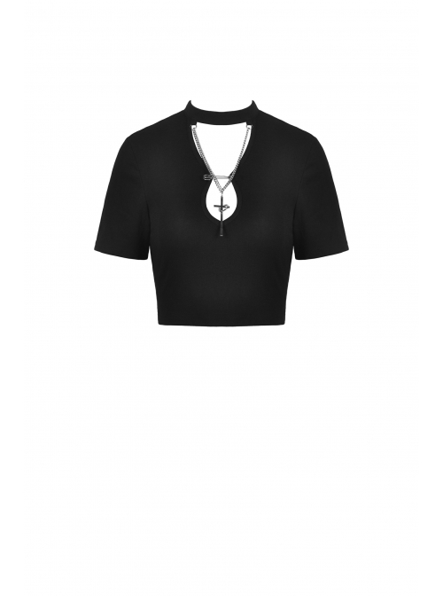 Punk Cross Paperclip Baring Sexy Slim Black Hollow Out Chain Cotton Chest Top