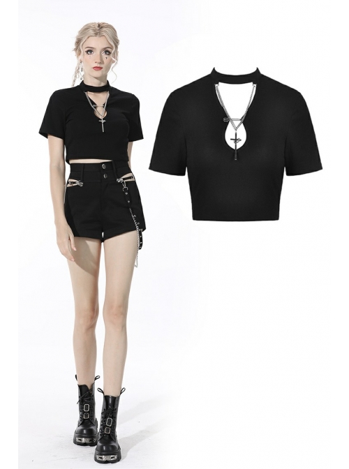 Punk Cross Paperclip Baring Sexy Slim Black Hollow Out Chain Cotton Chest Top