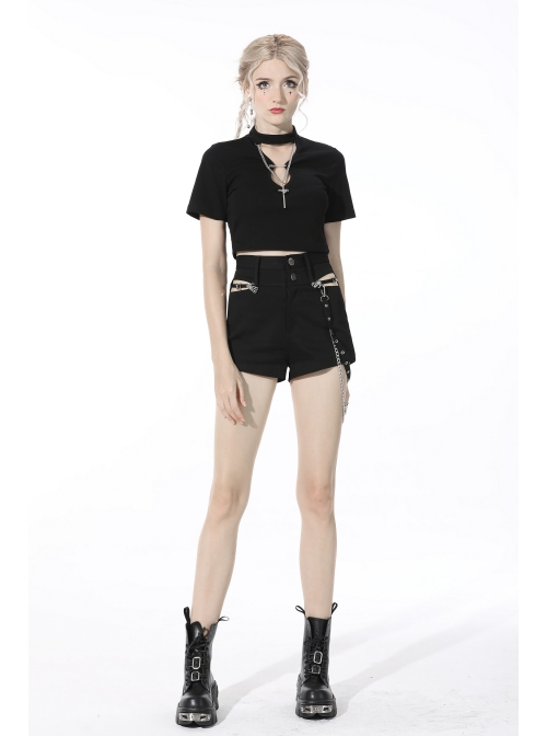 Punk Cross Paperclip Baring Sexy Slim Black Hollow Out Chain Cotton Chest Top