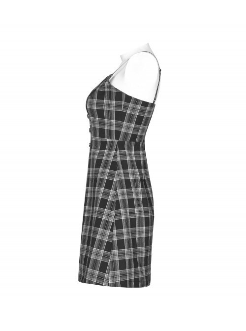 Black White Plaid Punk Skull Studded Belt Suspender Dress