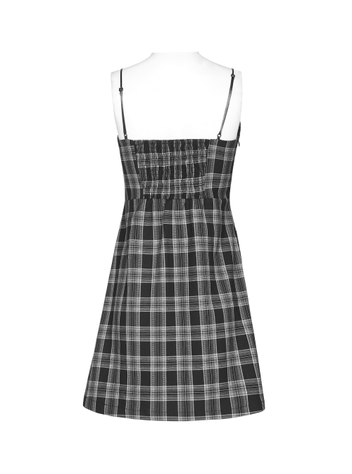 Black White Plaid Punk Skull Studded Belt Suspender Dress
