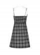 Black White Plaid Punk Skull Studded Belt Suspender Dress