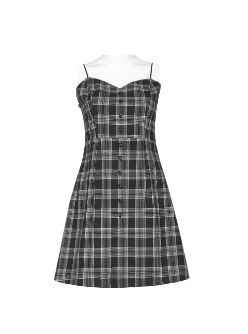Black White Plaid Punk Skull Studded Belt Suspender Dress