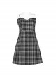 Black White Plaid Punk Skull Studded Belt Suspender Dress