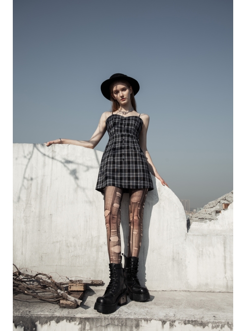 Black White Plaid Punk Skull Studded Belt Suspender Dress