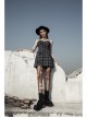 Black White Plaid Punk Skull Studded Belt Suspender Dress