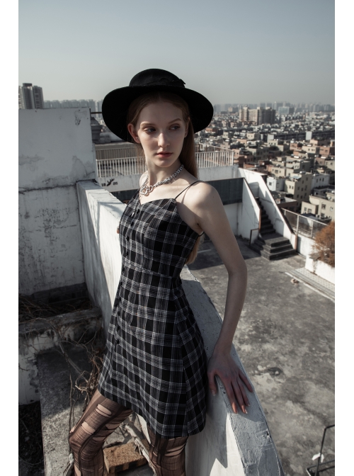 Black White Plaid Punk Skull Studded Belt Suspender Dress