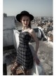 Black White Plaid Punk Skull Studded Belt Suspender Dress