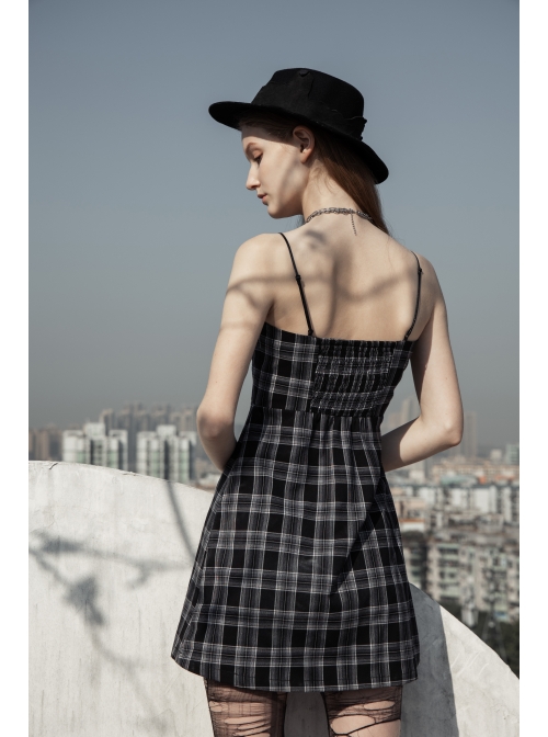 Black White Plaid Punk Skull Studded Belt Suspender Dress