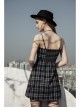 Black White Plaid Punk Skull Studded Belt Suspender Dress