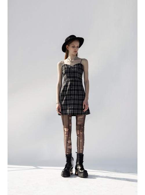 Black White Plaid Punk Skull Studded Belt Suspender Dress