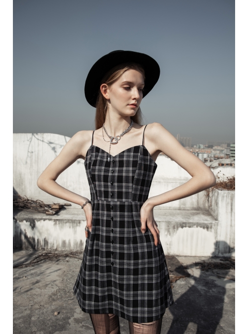Black White Plaid Punk Skull Studded Belt Suspender Dress