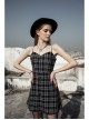Black White Plaid Punk Skull Studded Belt Suspender Dress