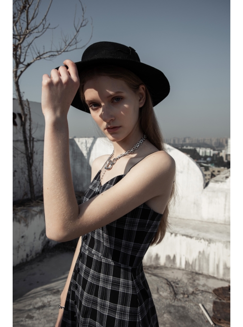 Black White Plaid Punk Skull Studded Belt Suspender Dress