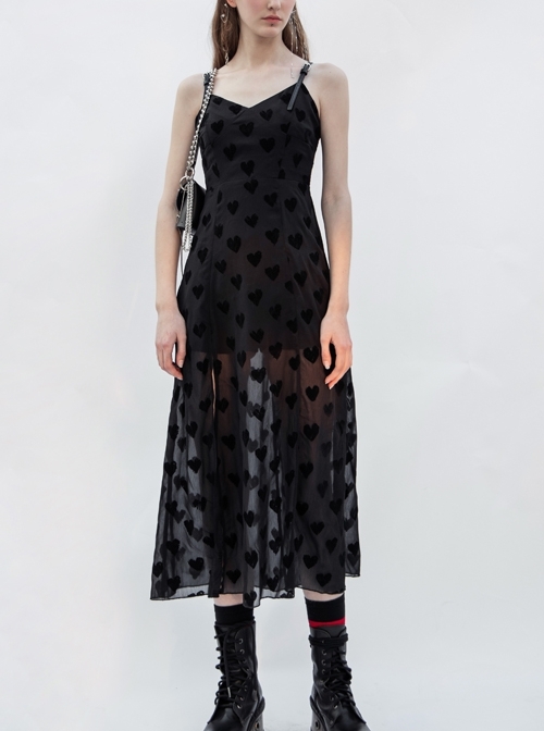 Black Heart Chiffon Waist Gothic Leather Sling Long Dress