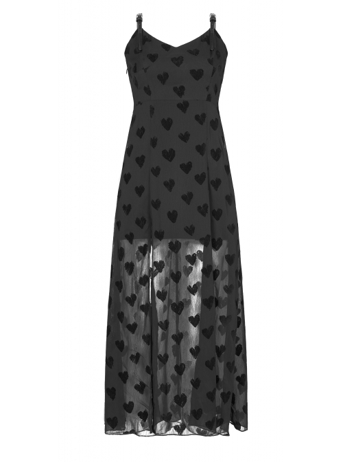Black Heart Chiffon Waist Gothic Leather Sling Long Dress