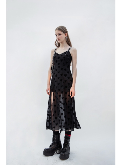 Black Heart Chiffon Waist Gothic Leather Sling Long Dress