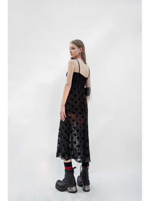 Black Heart Chiffon Waist Gothic Leather Sling Long Dress