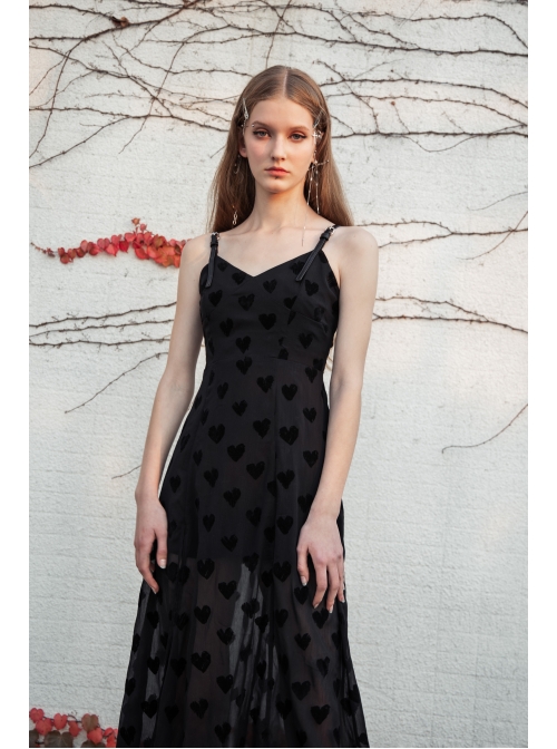 Black Heart Chiffon Waist Gothic Leather Sling Long Dress