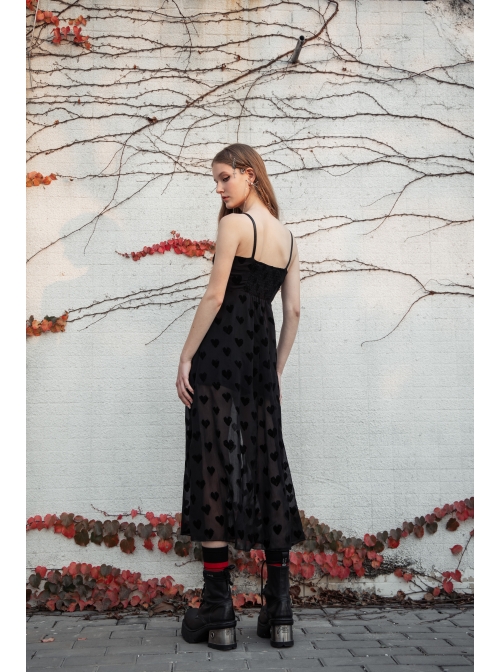 Black Heart Chiffon Waist Gothic Leather Sling Long Dress