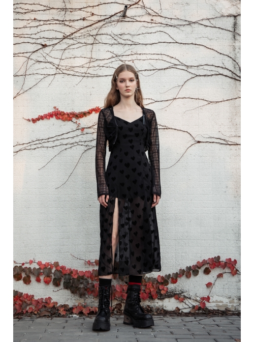 Black Heart Chiffon Waist Gothic Leather Sling Long Dress