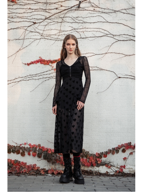 Black Heart Chiffon Waist Gothic Leather Sling Long Dress