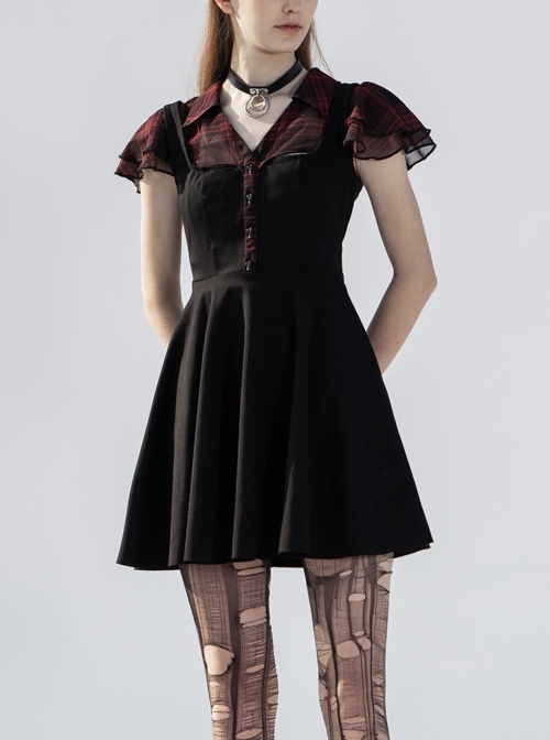 V-Neck Ruffled Short-Sleeved Check Chiffon Punk Waisted Skull Stud Dress