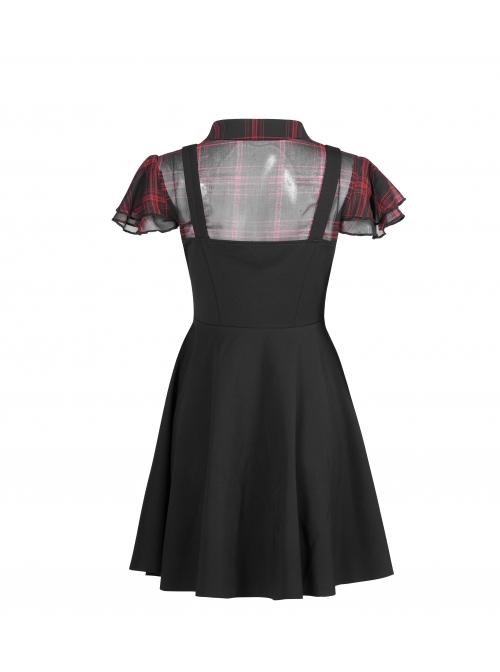 V-Neck Ruffled Short-Sleeved Check Chiffon Punk Waisted Skull Stud Dress