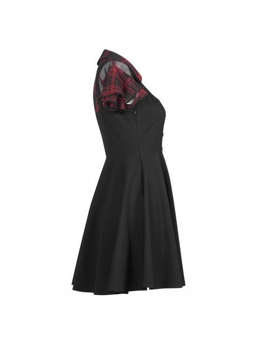 V-Neck Ruffled Short-Sleeved Check Chiffon Punk Waisted Skull Stud Dress