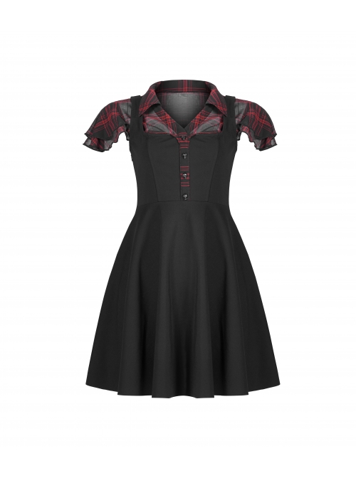V-Neck Ruffled Short-Sleeved Check Chiffon Punk Waisted Skull Stud Dress